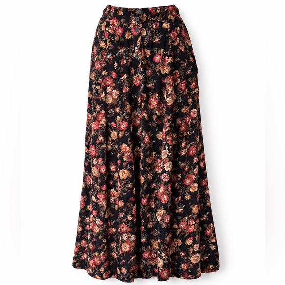 Vintage Cotton Ginny Floral Maxi Skirt Black Pink Midi Cottagecore Button Front - Picture 2 of 9
